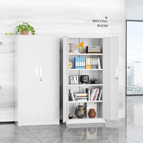 Crownland 72" Metal Storage Cabinet, Lockable Garage Storage Cabinets, High Office Cabinet with Adjustable Shelves for Home Office, Pantry, Garage, Classroom, File(White-Narrow Size)