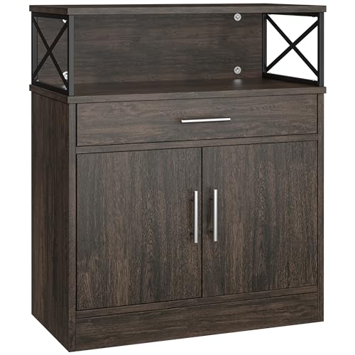 Kitchen Storage Cabinet with Adjustable Shelves and Drawers, Modern Buffet Sideboard, Wood Buffet Cabinet with Doors, Floor Cabinet Cupboard for Coffee Bar Living Room, Dark Brown