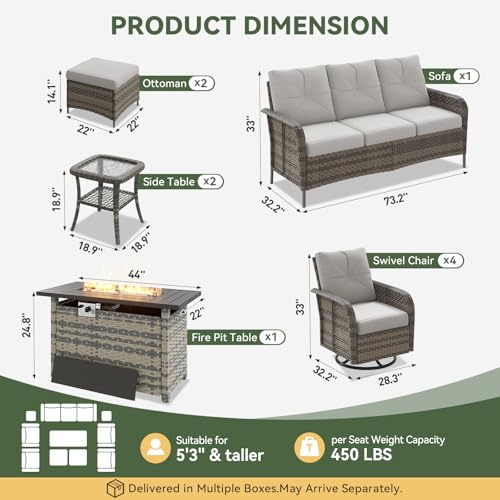 10-Piece Patio Furniture Set with 44” Fire Pit Table, Wicker Rattan Outdoor Sectional Sofa with High Back Swivel Rocker Chairs, Outdoor Patio Furniture Set with Thick Cushions & Ottoman, Grey