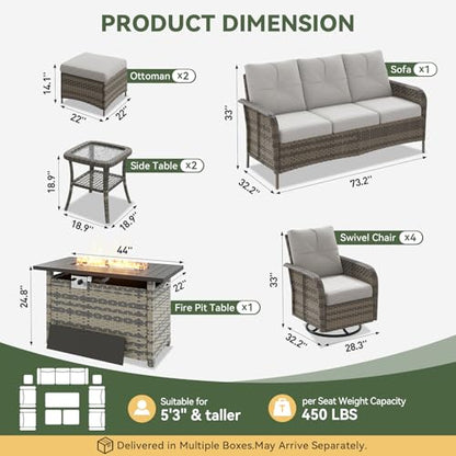 10-Piece Patio Furniture Set with 44” Fire Pit Table, Wicker Rattan Outdoor Sectional Sofa with High Back Swivel Rocker Chairs, Outdoor Patio Furniture Set with Thick Cushions & Ottoman, Grey