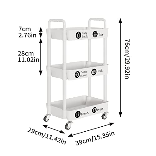 3 Tier Rolling Cart with Wheels, Utility Storage Carts,White, view 4