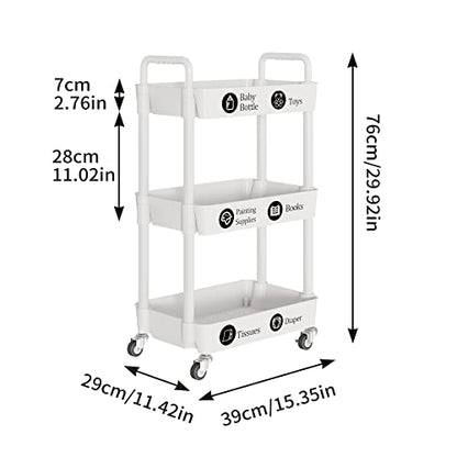 3 Tier Rolling Cart with Wheels, Utility Storage Carts,White, view 4