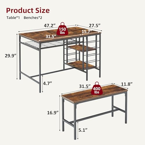 Dining Table Set for 4, Kitchen Table Set for 4 with 2 Benches, Rectangular Dining Room Table Set with Wine Rack, 3 Piece Dining Table Set for Small Space Apartment, Rustic Brown