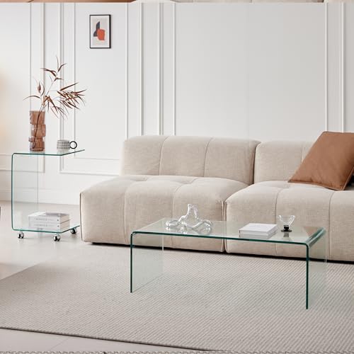 Glass Coffee Table, Modern Clear Coffee Tables for Living Room, Small Rectangle Tempered Glass Table Waterfall Sofa End Tables 39.3" x 19.6" x 13.78"H