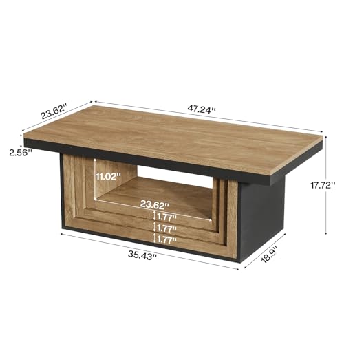 Tribesigns 47-Inch Farmhouse Rectangle Cocktail Living Room Coffee Table with Open Storage, Rustic Wood Fluted Center Table with Shelves, Brown and Black Tea Furniture