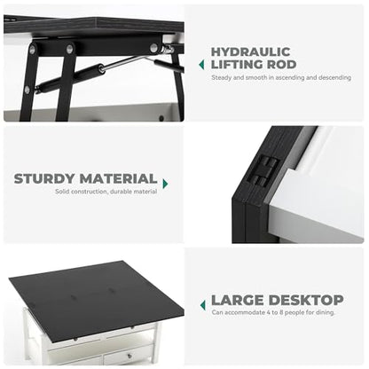 Lift Top Coffee Table, Multi-Functional Convertible Coffee Table with Drawers and Hidden Storage, Dining Table for Living Room, Home Office