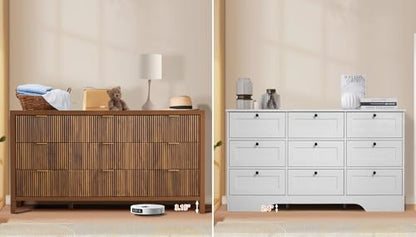 Mid Century Modern Dresser TV Stand, 9 Drawer Dresser for Bedroom Wood, Farmhouse Boho Storage Cabinet Side Table with Solid Natural Wood Legs, Long Wooden Nightstand for Closet (Walnut)
