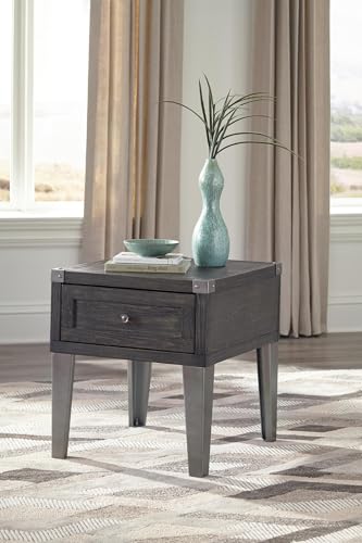 Dark gray industrial square end table with drawer and charging ports, view 5