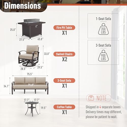 Aluminum Patio Furniture Set 5-Seat Modern Metal Outdoor Conversation Sets w/45in Propane Fire Pit Table, Swivel Rocking Chairs Patio Sectional Sofa w/5.1 Inch Cushion, Sand