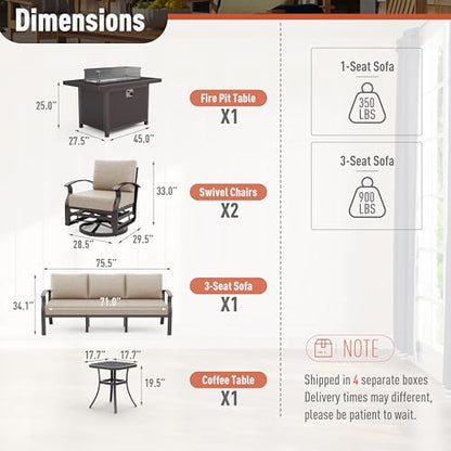 Aluminum Patio Furniture Set 5-Seat Modern Metal Outdoor Conversation Sets w/45in Propane Fire Pit Table, Swivel Rocking Chairs Patio Sectional Sofa w/5.1 Inch Cushion, Sand