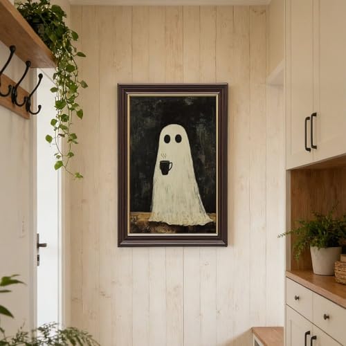 Halloween Ghost Canvas Wall Art with Natural Wood Grain Frame, Cozy Spooky Coffee Decor, Rustic Farmhouse Style Wall Picture for Living Room Kitchen Bedroom Autumn Seasonal Wall Decorations - 8x12