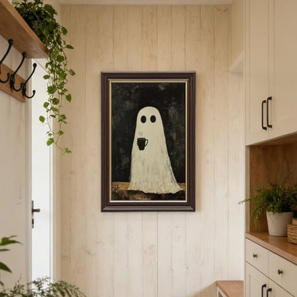 Halloween Ghost Canvas Wall Art with Natural Wood Grain Frame, Cozy Spooky Coffee Decor, Rustic Farmhouse Style Wall Picture for Living Room Kitchen Bedroom Autumn Seasonal Wall Decorations - 8x12