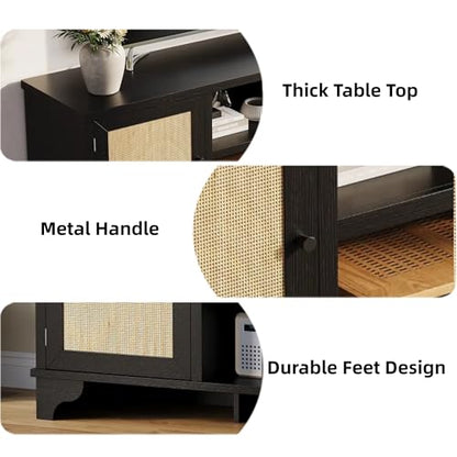 Rattan TV Stand for Living Room, Boho Entertainment Center for 55, 65 in TV, TV Console Cabinet with Storage Shelf, Black