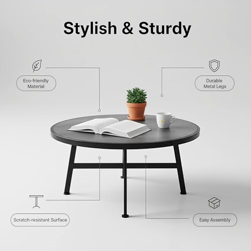 Round Coffee Table, Industrial Circular Center Coffee Table for Living Room, Rustic Wood Desktop Storage Shelf with Metal X-Shape Table Leg, Modern Home Furniture (30.71 * 15.75")
