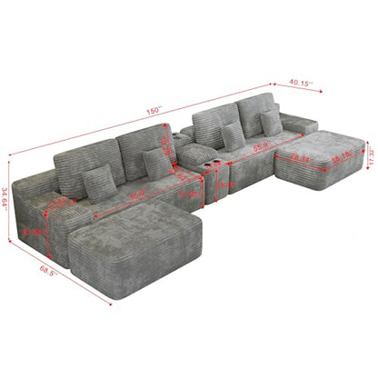 150" U-Shaped Oversized Corduroy Modular Sectional Sofa with 2 Ottomans and Multi Functional Console, 6-Seater Upholstered Couch with USB and 2 Cup Holder, Easy Assembly, for Living Room, Grey