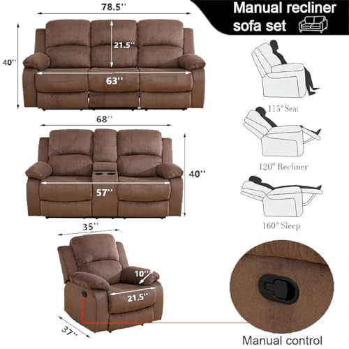 3 Piece Manual Recliner Sofa Set, Microfiber Sofa Set for Living Room