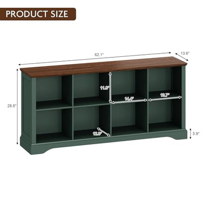 8 Cube Storage Organizer, 62" Long Low Horizontal Bookshelf, Green, view 3