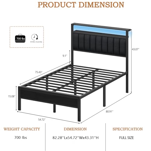 Full Size Bed Frame with Charging Station and LED Lights, view 3