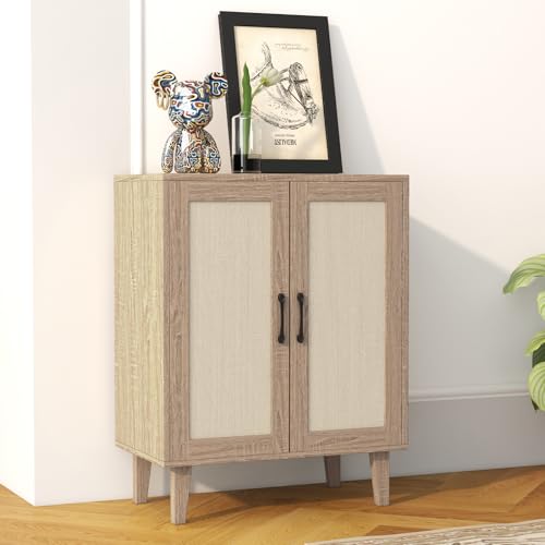 Buffet Cabinet Sideboard with Rattan Decorated Doors Kitchen Storage Cupboard Accent Cabinet (Natural Wood)