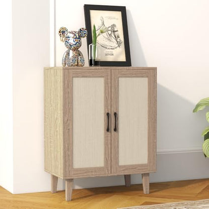 Buffet Cabinet Sideboard with Rattan Decorated Doors Kitchen Storage Cupboard Accent Cabinet (Natural Wood)