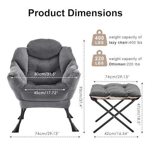 Lazy Chair with Ottoman, Modern Accent Lounge Chair with Side Pocket and Armrests, Cozy Reading Armchair with Footrest, Upholstered Sofa Chair for Small Spaces, Bedroom Living Room, Dark Grey
