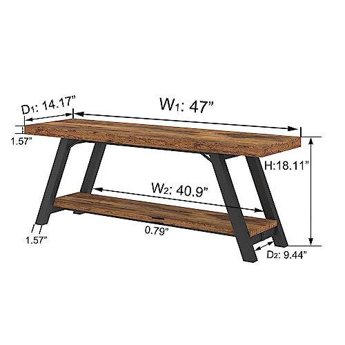 Wood Bench, Industrial Storage Entryway Indoor Bench for Bedroom Hallway Living Room, Rustic Famhouse Wooden Metal Shoe Rack Accent Foyer Bench Seat for Entrance Sitting, Rustic Brown, 47 in Long