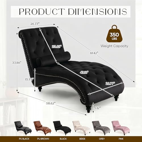 Black Velvet Chaise Lounge Indoor with Toss Pillow, view 4