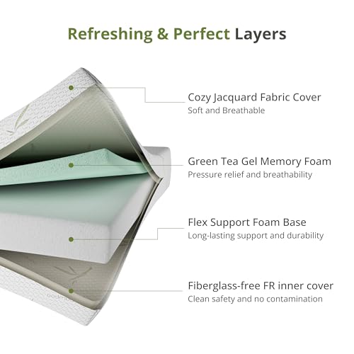 EGOHOME 8 Inch Twin Mattress Medium Firm, Green Tea Memory Foam Mattress, view 4