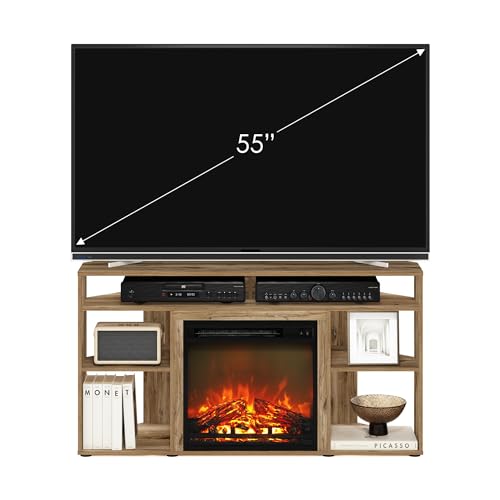 Jensen Fireplace TV Stand, Corner Entertainment Center, TV Console for TV up to 55 Inch with Fireplace, for Living Room, Bedroom, Flagstaff Oak