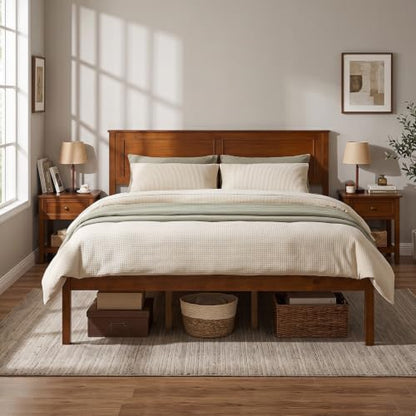 Queen Size Bed Frame, Farmhouse Wooden Platform Bed with Headboard, view 5