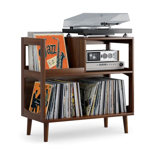 Record Player Stand with Vinyl Storage, Mid-Century Turntable Stand, Walnut, view 4