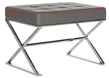 Safavieh Home Collection Micha Modern Glam Cream Tufted and Silver Steel Ottoman