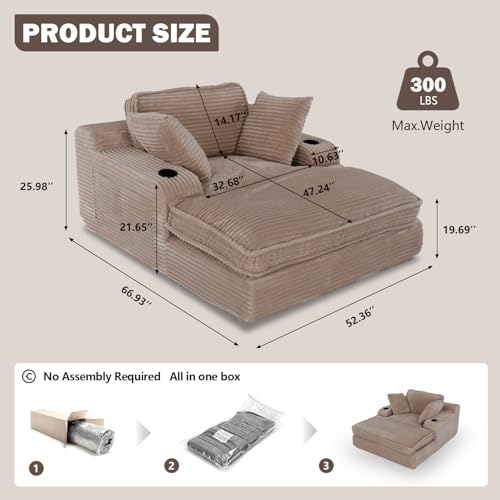 67" Oversized Chaise Lounge Chair Indoor, Soft Boneless Cloud Couch, Camel, view 3