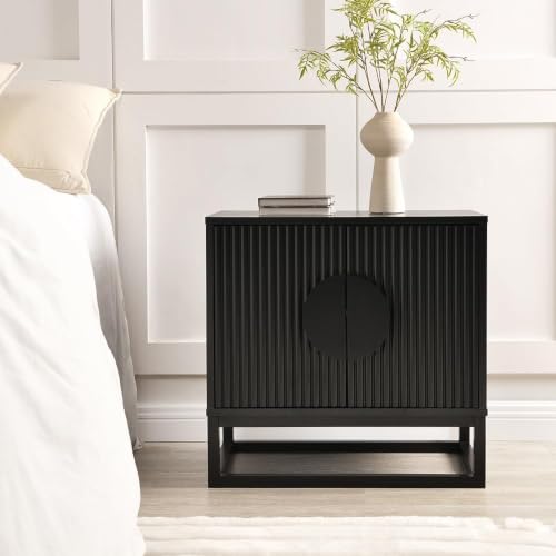 Black fluted mid century nightstand with solid wood doors, view 2