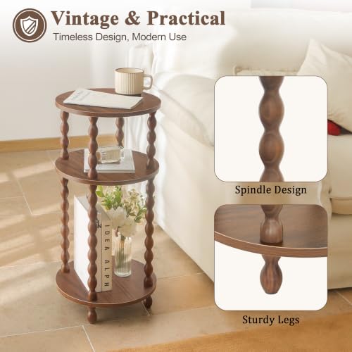 Small Round End Table, Round Side Table with 3-Tier Open Shelf for Small Spaces, Wood Accent Table Nightstand for Bedroom, Living Room, Office, Walnut Brown