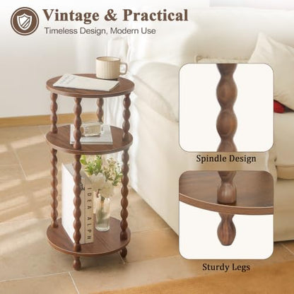 Small Round End Table, Round Side Table with 3-Tier Open Shelf for Small Spaces, Wood Accent Table Nightstand for Bedroom, Living Room, Office, Walnut Brown