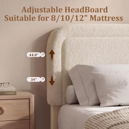 Boucle Queen Size Bed Frame with Adjustable Headboard, view 7