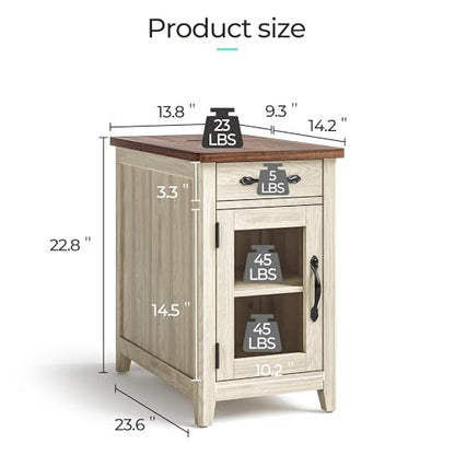 End Table with Charging Station, Modern Farmhouse Wooden Side Table with Drawer, Detachable Holder, Extra Storage & Display Space, for Living Room and Bedroom, Glass Door, Washed Grey