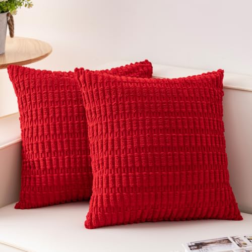 Pack of 2 Corduroy Decorative Throw Pillow Covers 18x18 Inch, Red, view 3