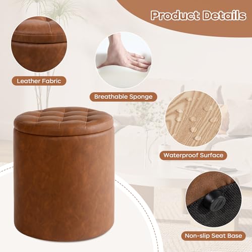 Round faux leather ottoman with storage, brown, view 7