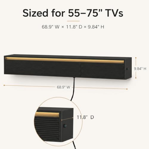 69" Fluted Floating TV Stand Wall Mounted with LED & Power Outlets Black, view 3
