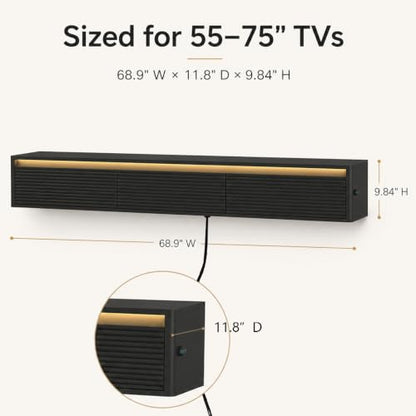 69" Fluted Floating TV Stand Wall Mounted with LED & Power Outlets Black, view 3