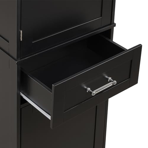 68 Inch Bathroom Storage Cabinet with Adjustable Shelf, Black | Black MDF, bathroom or office, painted finish, adjustable shelf, enclosed cabinet, anti-tip hardware, 68.4 in H