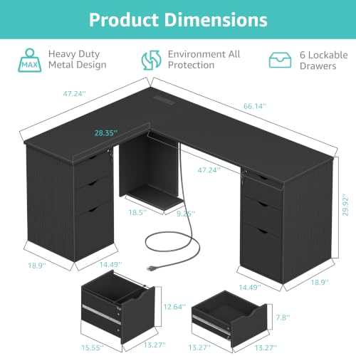 66" L Shaped Desk with 6 Lockable Drawers, Black Corner Computer Desk, view 4