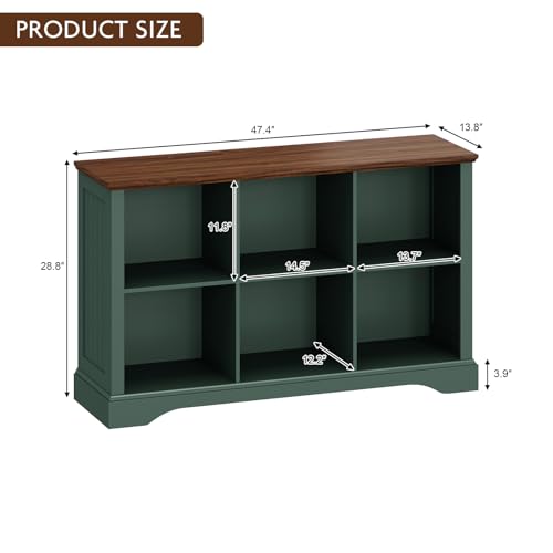 6 Cube Storage Organizer - 47.4" Farmhouse Wood Low Bookshelf, 3 Tier Horizontal Open Shelf Bookcase Cubby Storage Console Cabinet for Living Room, Entryway, Office, Green