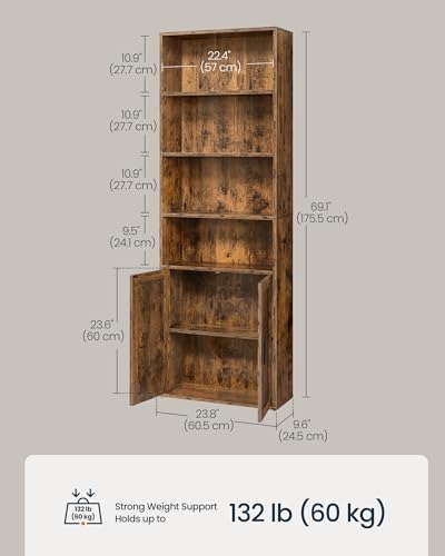 6-Tier Bookshelf with Doors, Tall Bookcase Storage Shelf, Narrow Shelving Unit with Cabinet for Living Room, Home Office, Dining Room, Space Saving, Brown