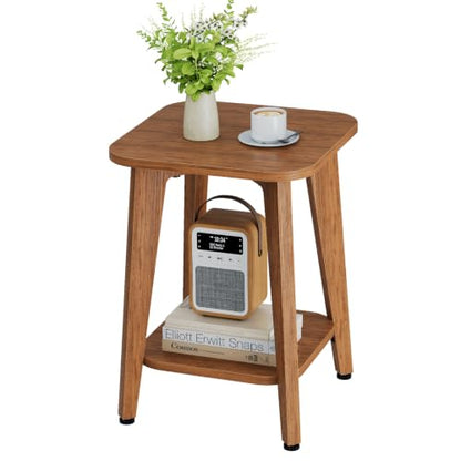 Rustic Walnut 2-tier side table with tapered legs and curved edge, view 2