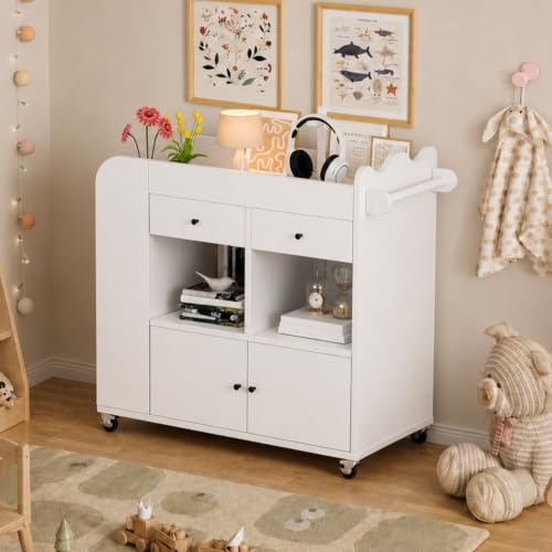 Baby Changing Table, 2 Drawers Nursery Changing Station with 4 Open Cubbies, view 5