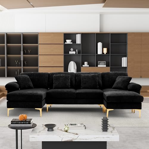 U-Shaped Sectional Sofa Couch, 4 Seat Sofa Set for Living Room, Convertible L-Shaped Velvet Couch Set with Chaise Lounge, Ottoman and Pillows,114 inches (Black)