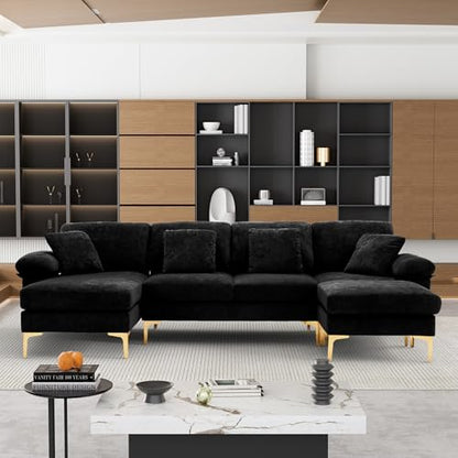 U-Shaped Sectional Sofa Couch, 4 Seat Sofa Set for Living Room, Convertible L-Shaped Velvet Couch Set with Chaise Lounge, Ottoman and Pillows,114 inches (Black)
